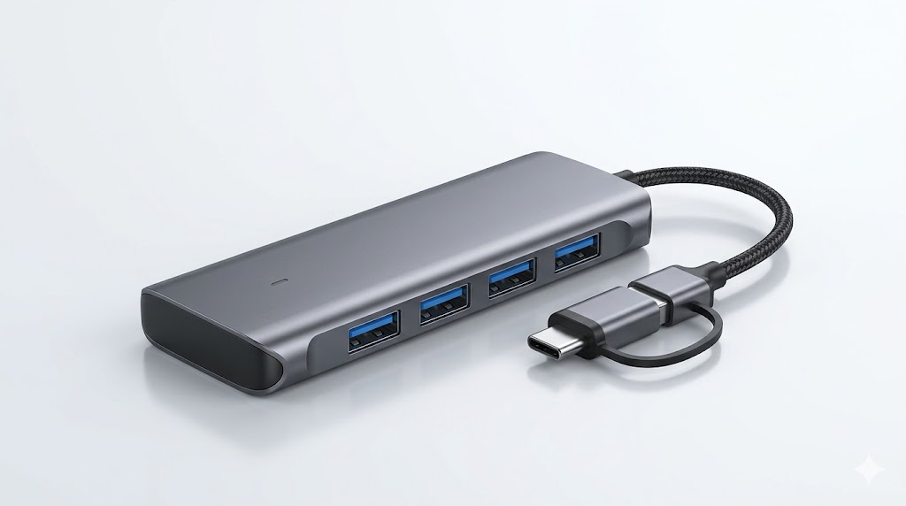 USB 3.0 HUB 4-Portas 2-em-1 – Conector USB-C & USB-A (Alumínio. SELADOS. AB26