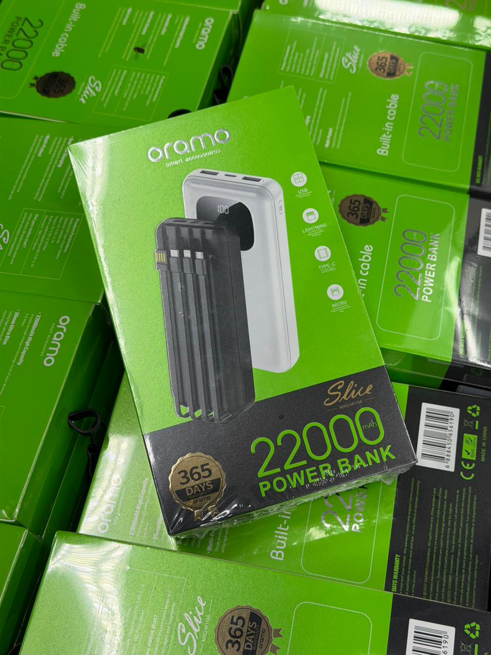Power Bank Oramo 22000mAh com 4 Cabos Embutidos e Ecrã LED Digital. SELADOS. AB26