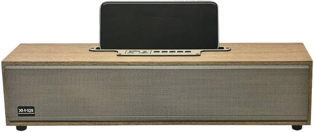 Coluna Wireless Portátil XM-520 em Madeira – Som Hi-Fi com Suporte para Telemóvel e Função Karaoke
