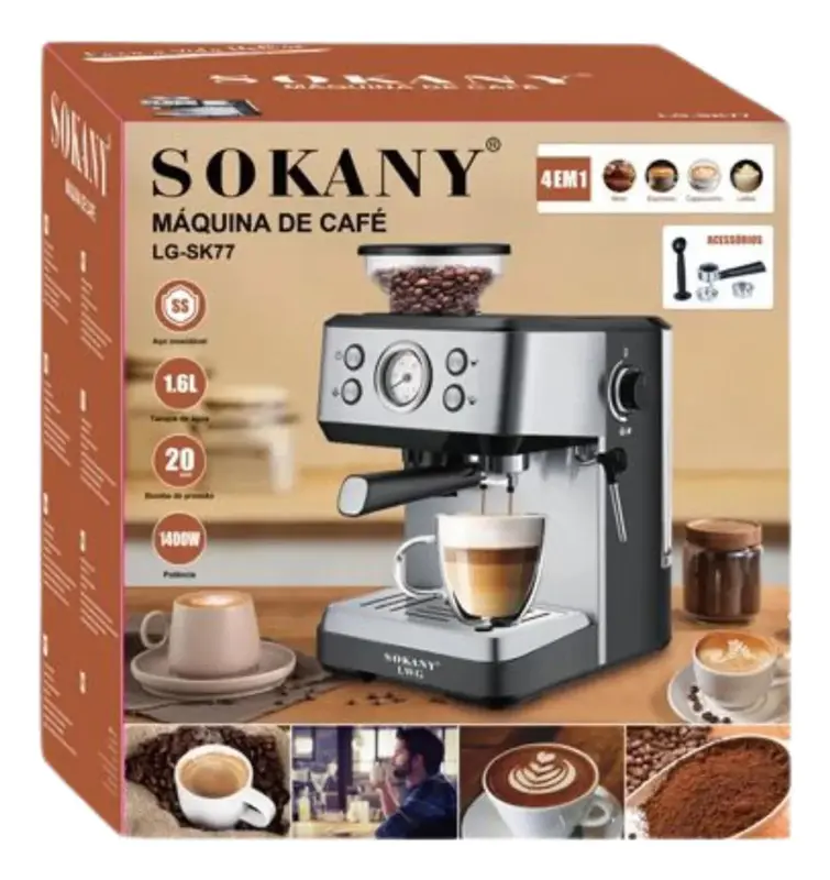 Máquina de Café Espresso Sokany SK-04036 4-em-1 com Moedor – 20 Bar, 1400W e 1.6L. SELADOS. M2026