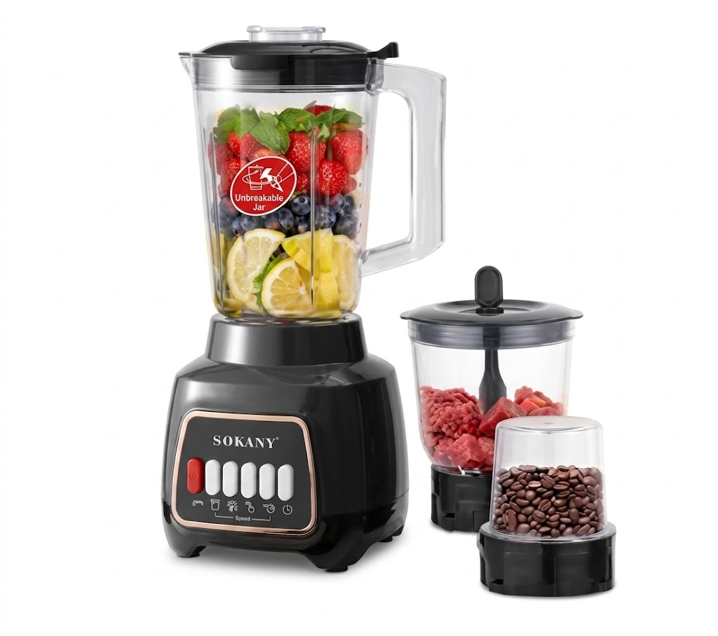Liquidificador Sokany 3-em-1 SK-03008: Potência 600W com Copo Inquebrável para Sumos, Grãos e Carnes